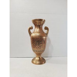 Vintage etched brass vase with painted flowers